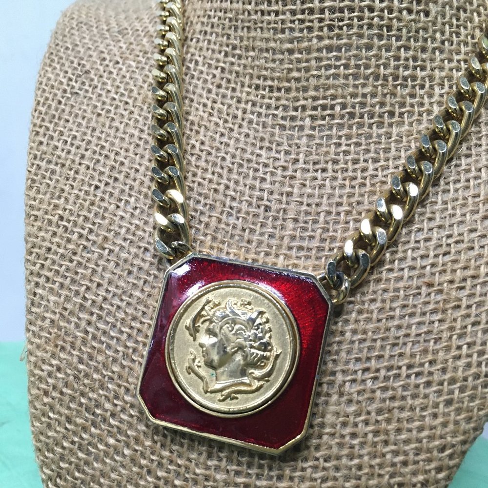Vintage red enamel chain gold tone cameo